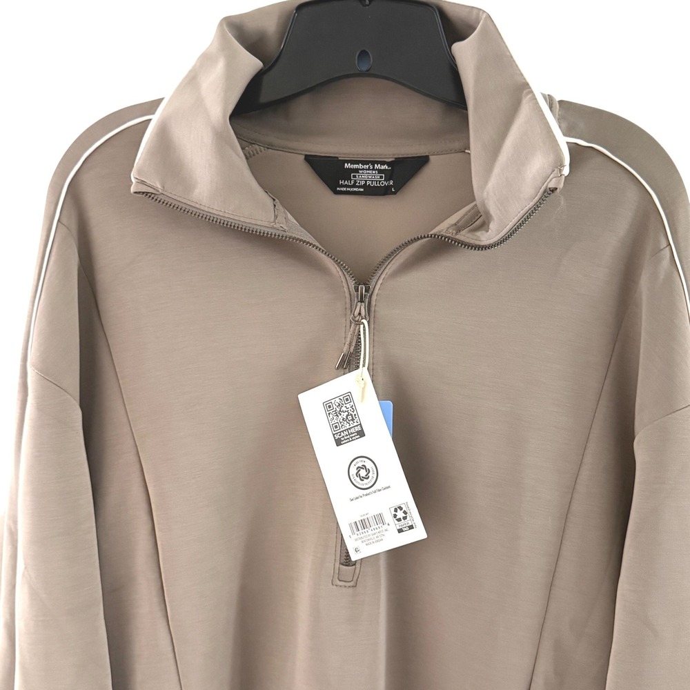 New Member's Mark Pullover Womens L Taupe Sandwash Half Zip Piping Activewear - Picture 8 of 16